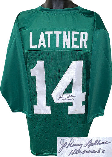 Johnny Lattner Autographed Notre Dame Green 3/4 Sleeves TB Custom Stitched College Football Jersey XL Heisman 53- JSA Witnessed-Powers Sports Memorabilia