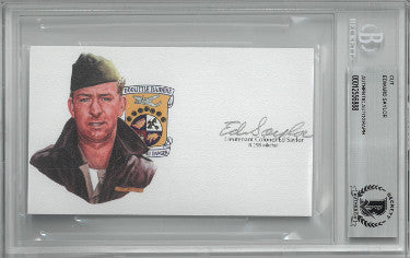 Lt Colonel Ed Saylor Autographed 3?ǥx 5?ǥ cut signature w/ Image?Çô BAS/Beckett Encapsulated (WWII Doolittle Raiders / B-25B Mitchell)-Powers Sports Memorabilia