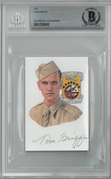 Tom Griffin Autographed 2.5?ǥx 3.75?ǥ cut signature w/ Image?Çô BAS/Beckett Encapsulated (WWII Doolittle Raiders / B-25B Mitchell)-Powers Sports Memorabilia