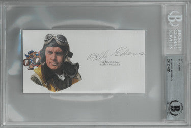 Col Billy Edens Autographed 5.75?ǥx3?ǥ cut signature w/ Image?Çô BAS/Beckett Encapsulated (WWII/Republic P-47 Thunderbolt)-Powers Sports Memorabilia