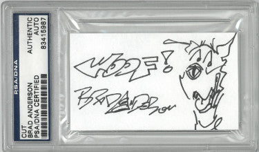 Brad Anderson Autographed 3.5"x2" Cartoonist Cut Signature ?Çô PSA # 83415987 Marmaduke Original Artwork w/ Woof!-Powers Sports Memorabilia