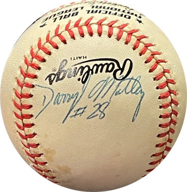 Darryl Motley Autographed RONL Rawlings Official National League Baseball #28 minor tone (Kansas City Royals)-Powers Sports Memorabilia