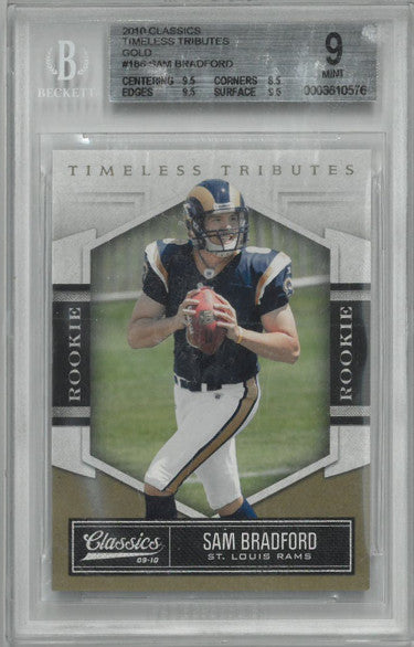 Sam Bradford 2010 Panini Classics Timeless Tributes Gold Rookie Card (RC) #186- Beckett/BGS Graded 9 Mint (St. Louis Rams)-Powers Sports Memorabilia