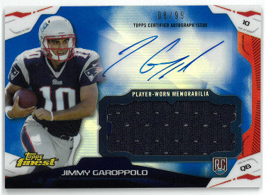 Jimmy Garoppolo Autographed 2014 Topps Finest Certified Auto/Player Worn Rookie Card (RC) #AJR-JG- 08/99 (New England Patriots)-Powers Sports Memorabilia