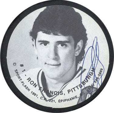 Ron Francis Autographed 1991 Boston Bruins Sports-Flash NHL Photo Puck- JSA-Powers Sports Memorabilia