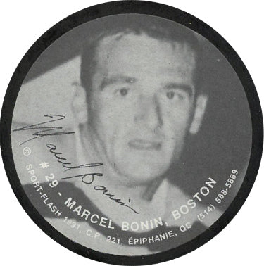 Marcel Bonin Autographed 1991 Boston Bruins Sports-Flash NHL Photo Puck- JSA #LL60535-Powers Sports Memorabilia