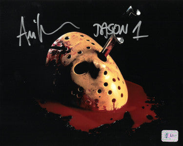 Ari Lehman Autographed Friday the 13th Jason Voorhees 8x10 Photo w/ Jason 1- Lehman Hologram (Mask w/ Blood)-Powers Sports Memorabilia