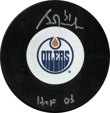 Grant Fuhr Autographed Edmonton Oilers Logo Hockey Puck #31 HOF 03- Beckett Witnessed-Powers Sports Memorabilia