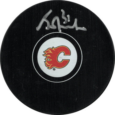 Grant Fuhr Autographed Calgary Flames Logo Hockey Puck #31- Beckett Witnessed-Powers Sports Memorabilia