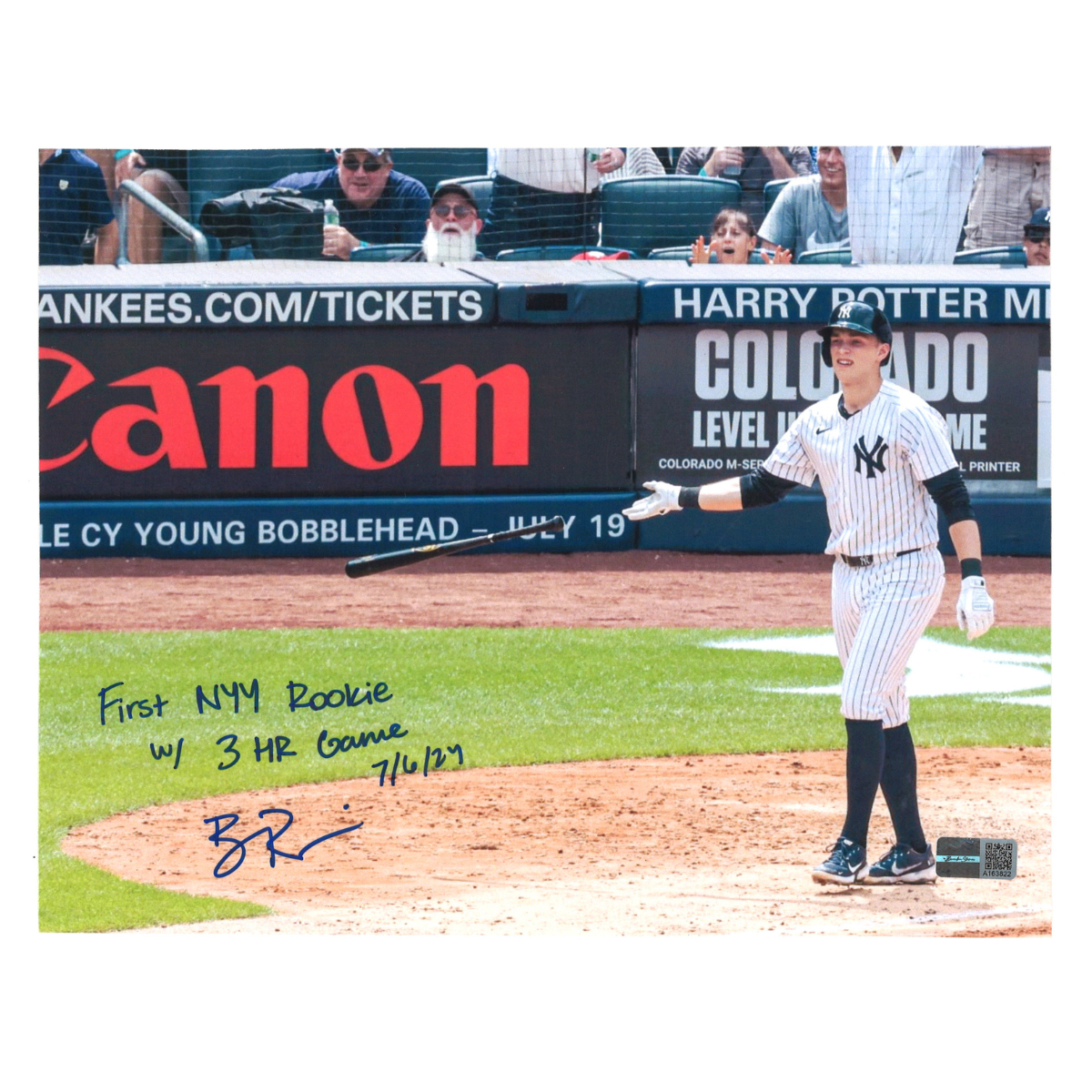 Ben Rice New York Yankees Signed Inscribed "First NYY Rookie with 3 HR Game 7/6/24" 8x10 Photo-Powers Sports Memorabilia
