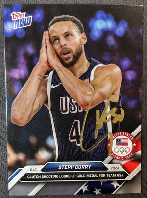 Stephen Curry 2024 Topps Now Night Night Signed Basketball Team USA Olympic Gold Medal Card #27 Beckett Witnessed Auto Cert #2W647879-Powers Sports Memorabilia