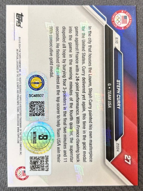 Stephen Curry 2024 Topps Now Night Night Signed Basketball Team USA Olympic Gold Medal Card #27 Beckett Witnessed Auto Cert #2W647879-Powers Sports Memorabilia