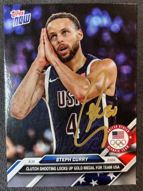 Stephen Curry 2024 Topps Now Night Night Signed Basketball Team USA Olympic Gold Medal Card #27 Beckett Witnessed Auto Cert #2W647880-Powers Sports Memorabilia