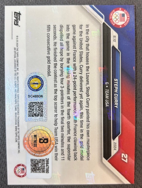 Stephen Curry 2024 Topps Now Night Night Signed Basketball Team USA Olympic Gold Medal Card #27 Beckett Witnessed Auto Cert #2W647880-Powers Sports Memorabilia