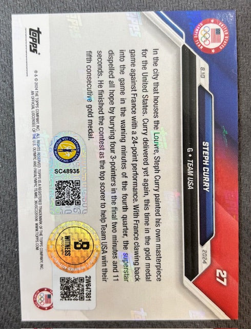 Stephen Curry 2024 Topps Now Night Night Signed Basketball Team USA Olympic Gold Medal Card #27 Beckett Witnessed Auto Cert #2W647881-Powers Sports Memorabilia