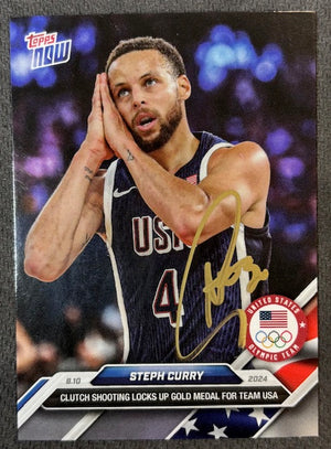 Stephen Curry 2024 Topps Now Night Night Signed Basketball Team USA Olympic Gold Medal Card #27 Beckett Witnessed Auto Cert #2W647882-Powers Sports Memorabilia