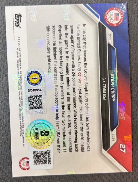 Stephen Curry 2024 Topps Now Night Night Signed Basketball Team USA Olympic Gold Medal Card #27 Beckett Witnessed Auto Cert #2W647882-Powers Sports Memorabilia