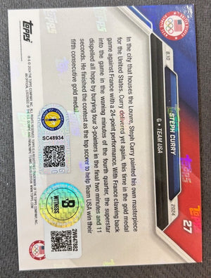 Stephen Curry 2024 Topps Now Night Night Signed Basketball Team USA Olympic Gold Medal Card #27 Beckett Witnessed Auto Cert #2W647882-Powers Sports Memorabilia