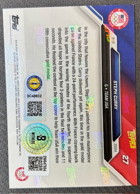 Stephen Curry 2024 Topps Now Night Night Signed Basketball Team USA Olympic Gold Medal Card #27 Beckett Witnessed Auto Cert #2W647884-Powers Sports Memorabilia