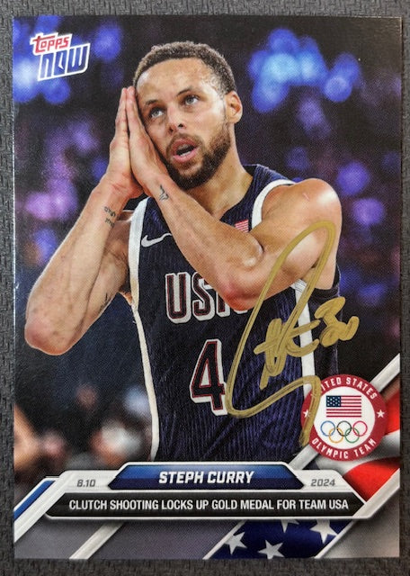 Stephen Curry 2024 Topps Now Night Night Signed Basketball Team USA Olympic Gold Medal Card #27 Beckett Witnessed Auto Cert #2W647886-Powers Sports Memorabilia