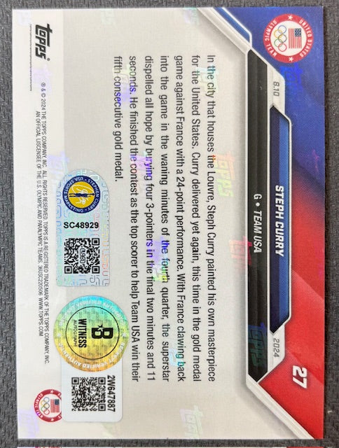 Stephen Curry 2024 Topps Now Night Night Signed Basketball Team USA Olympic Gold Medal Card #27 Beckett Witnessed Auto Cert #2W647887-Powers Sports Memorabilia