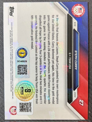 Stephen Curry 2024 Topps Now Night Night Signed Basketball Team USA Olympic Gold Medal Card #27 Beckett Witnessed Auto Cert #2W647887-Powers Sports Memorabilia
