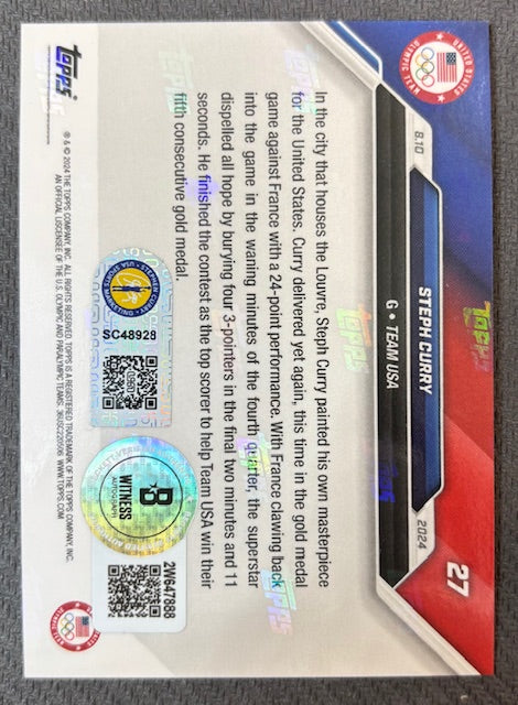 Stephen Curry 2024 Topps Now Night Night Signed Basketball Team USA Olympic Gold Medal Card #27 Beckett Witnessed Auto Cert #2W647888-Powers Sports Memorabilia