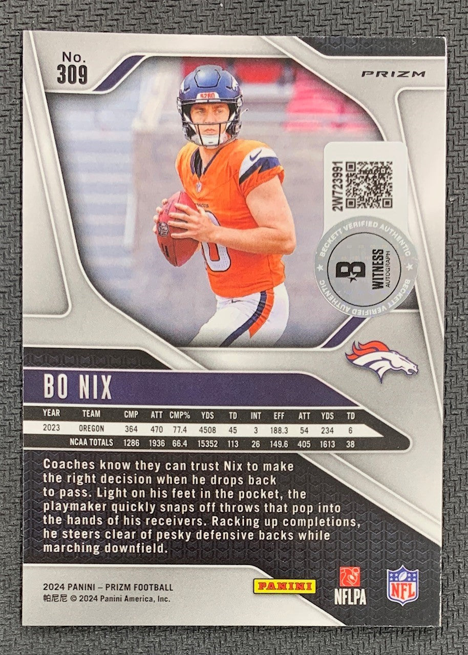 Bo Nix 2024 Panini Prizm Orange Lazer Signed Rookie Card #309 Beckett Auto 23991-Powers Sports Memorabilia