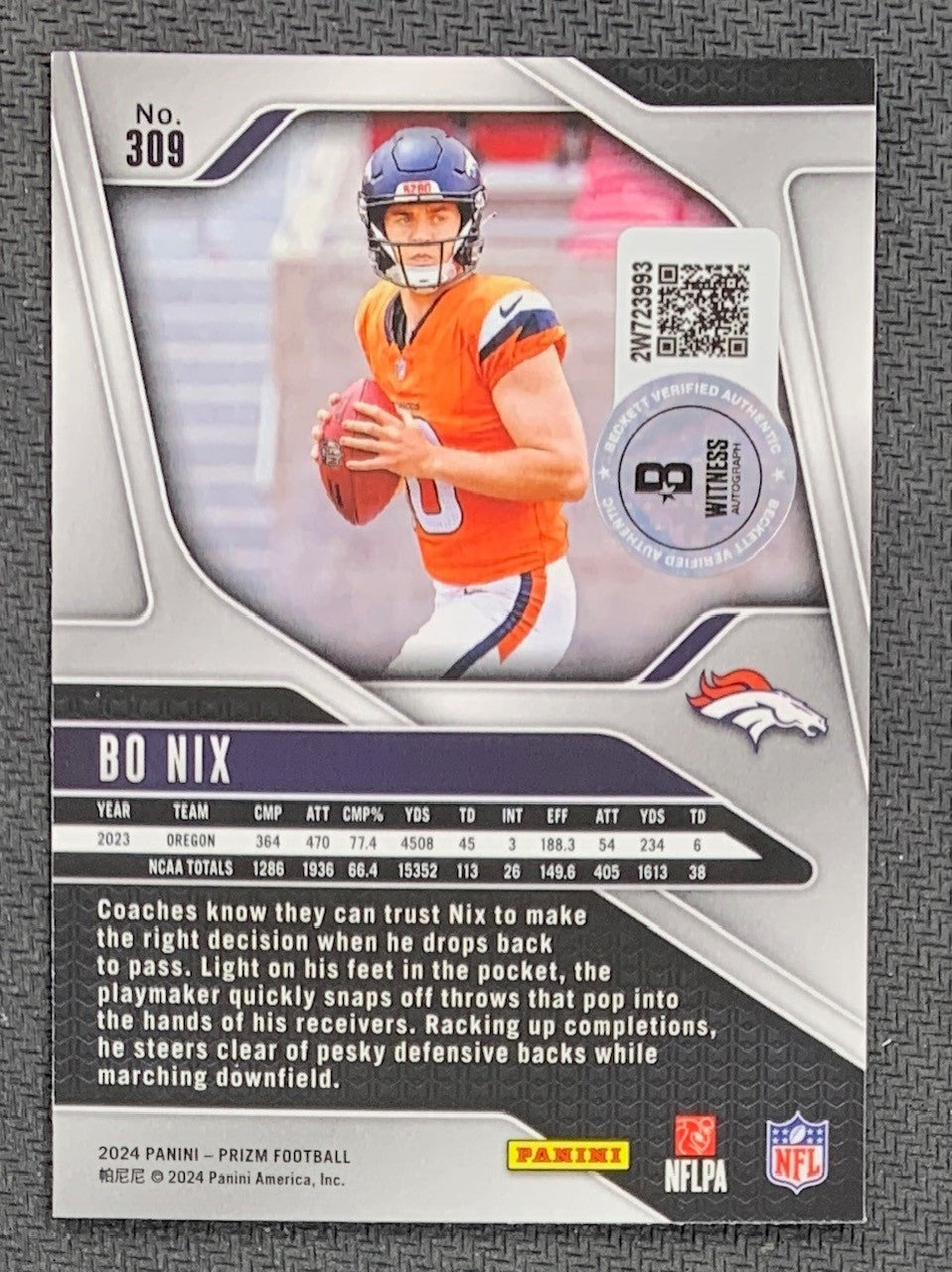 Bo Nix 2024 Panini Prizm Signed Rookie Card #309 Beckett Auto 23993-Powers Sports Memorabilia