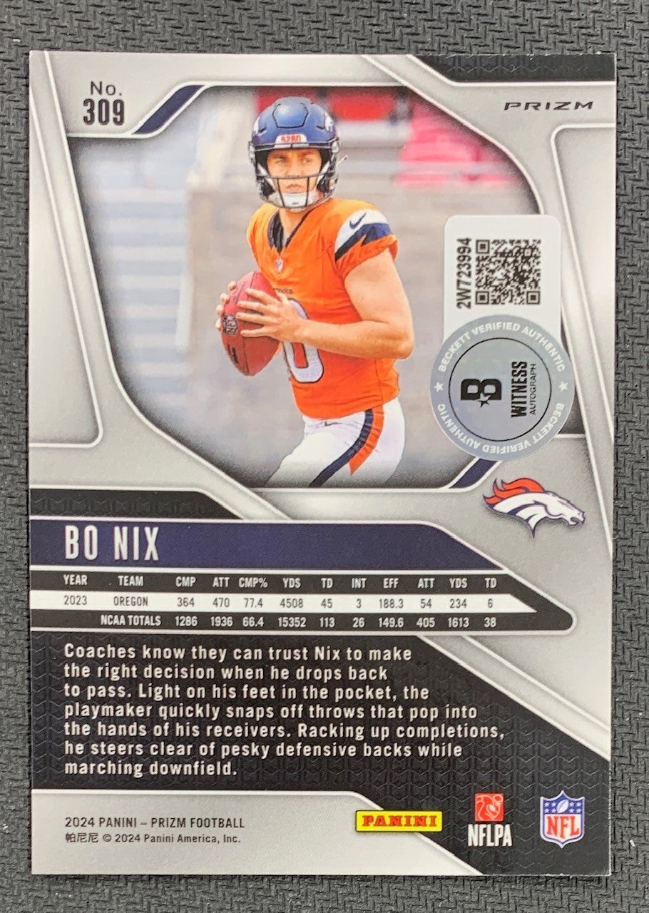 Bo Nix 2024 Panini Prizm Silver Signed Rookie Card #309 Beckett Auto 23994-Powers Sports Memorabilia