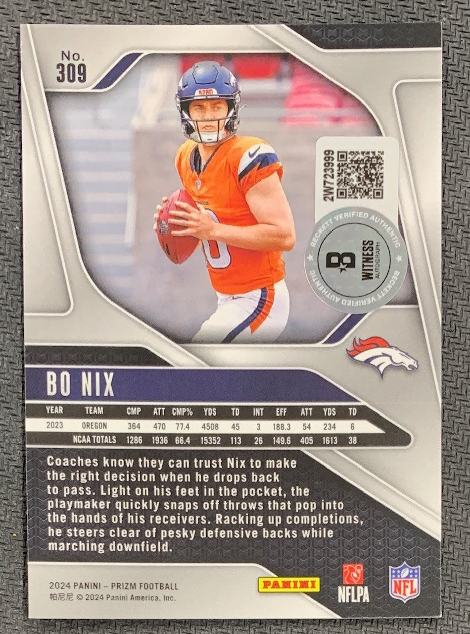 Bo Nix 2024 Panini Prizm Signed Rookie Card #309 Beckett Auto 23999-Powers Sports Memorabilia