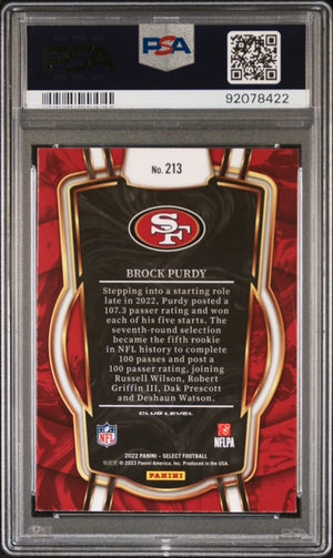 Brock Purdy 2022 Select Football Rookie Card #213 Graded PSA 10 Cert #92078422-Powers Sports Memorabilia