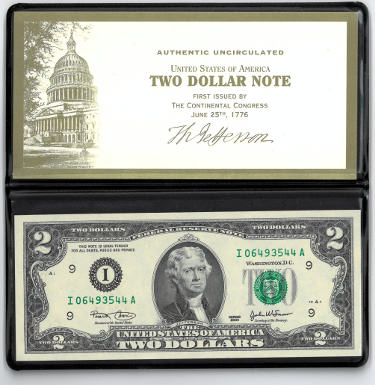 2003 Two Dollar Bill Note 06493544- Serial $2 Uncirculated with Display-Powers Sports Memorabilia