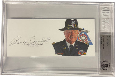 Bruce Crandall Autographed 6.5?ǥx3?ǥ cut signature w/ Image?ÇôBAS/Beckett Encapsulated (Vietnam War/UH-1/Medal of Honor/Ia Drang)-Powers Sports Memorabilia