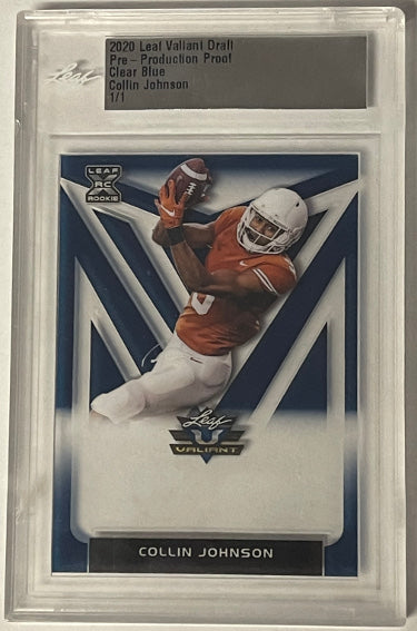 Collin Johnson 2020 Leaf Valiant Draft Pre-Production Proof Clear Blue Rookie Card (RC)- LTD 1/1- Encapsulated (Texas Longhorns)-Powers Sports Memorabilia