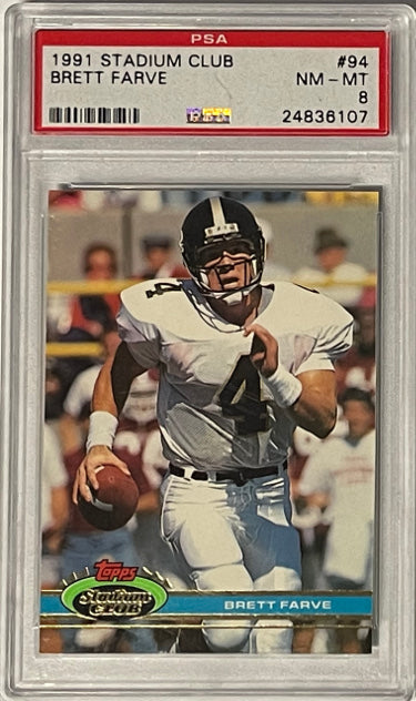 Brett Favre 1991 Topps Stadium Club Rookie Card (RC) #94- PSA Graded 8 NM-MT (Atlanta Falcons)-Powers Sports Memorabilia