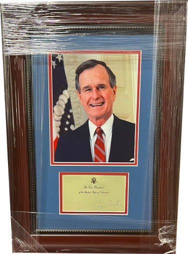 Vice President George H. W. Bush Cut Signature Custom Framing- JSA #AC92262 with Photograph (15x21)-Powers Sports Memorabilia