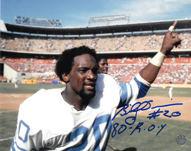 Billy Sims Autographed Detroit Lions 8x10 Photo #20 80 ROY- AWM Hologram (#1 Finger Running of Field)-Powers Sports Memorabilia