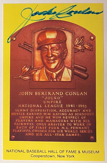 Jocko Conlan Autographed HOF Plaque 3.5x5.5 Postcard- JSA #LL60416 (NL Baseball Umpire)-Powers Sports Memorabilia