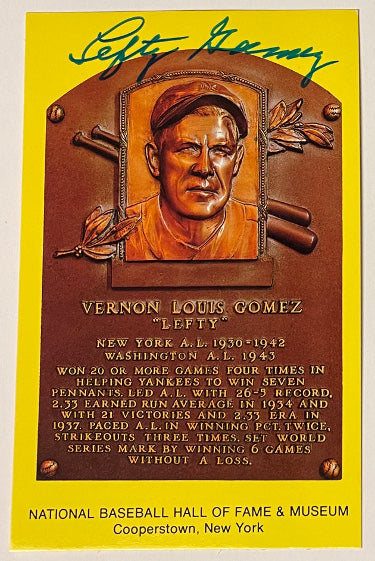 Lefty Gomez Autographed HOF Plaque 3.5x5.5 Postcard- JSA #LL60410 (NY Yankees/Senators)-Powers Sports Memorabilia