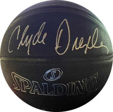 Clyde Drexler Autographed Spalding Black Super Tack Pro NBA Composite Leather Basketball- JSA Witnessed (Trail Blazers & Rockets)-Powers Sports Memorabilia