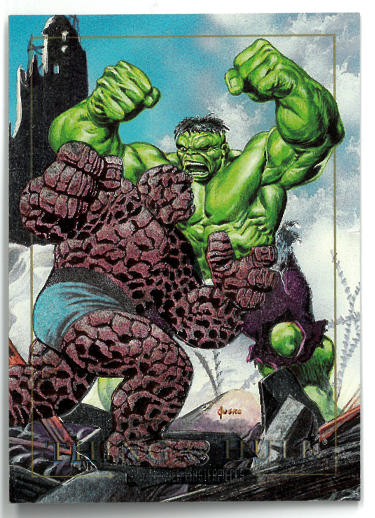 1992 Marvel Masterpieces Skybox Battle Thing vs Hulk #1-D Foil/Etch Trading Card-Powers Sports Memorabilia