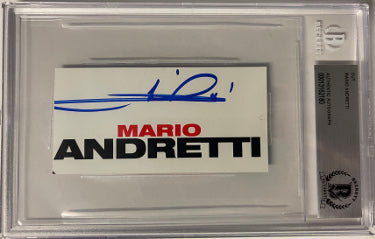 Mario Andretti Autographed 2x4 Andretti Logo Cut Signature- BAS/Beckett Encapsulated #00013162180-Powers Sports Memorabilia