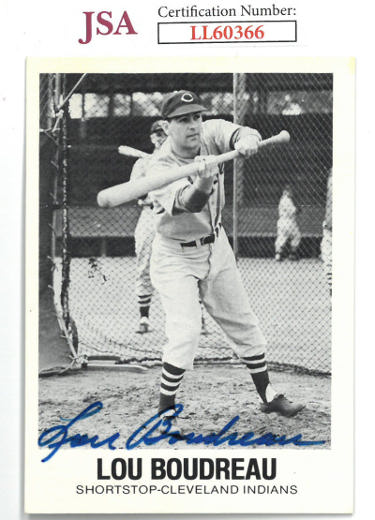 Lou Boudreau Autographed 1977 TCMA Renata Galasso Baseball Card #19- JSA #LL60366 (Cleveland Indians/On Card Auto)-Powers Sports Memorabilia