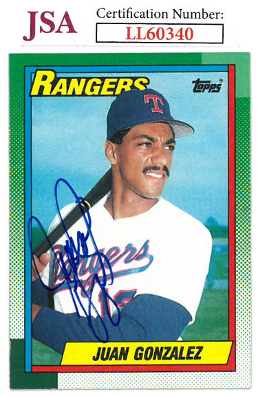 Juan Gonzalez Autographed 1990 Topps Baseball RC Card #331- JSA #LL60340 (Texas Rangers/On Card Auto/Rookie)-Powers Sports Memorabilia