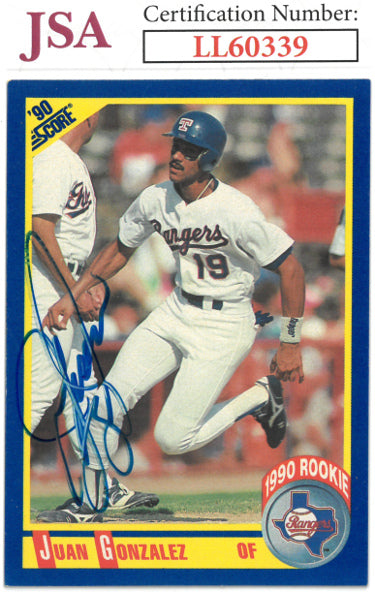 Juan Gonzalez Autographed 1990 Score Rookie Card (RC) #637- JSA #LL60339 (On Card Auto/Texas Rangers)-Powers Sports Memorabilia
