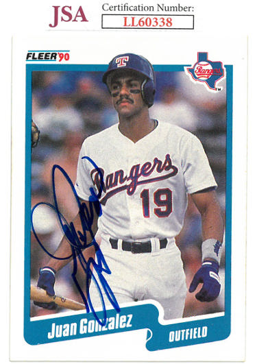 Juan Gonzalez Autographed 1990 Fleer Baseball RC Card #297- JSA #LL60338 (Texas Rangers/On Card Auto/Rookie)-Powers Sports Memorabilia