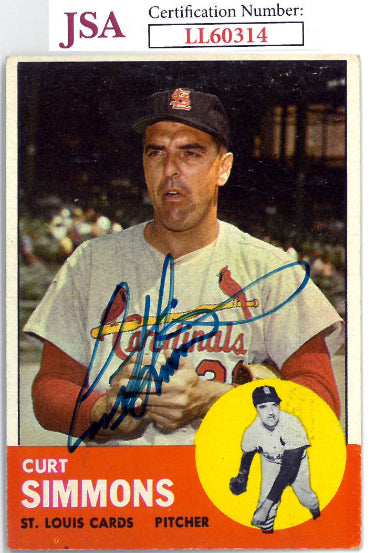Curt Simmons Autographed 1963 Topps Card #22- JSA #LL60314 (On Card Auto/St. Louis Cardinals)-Powers Sports Memorabilia