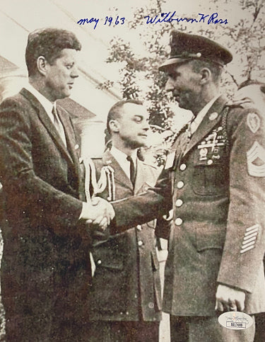 Wilburn Ross Autographed WWII Vintage B&W 8x10 Photo- JSA #SS17688 -May 1963/Medal of Honor w/ JFK-Powers Sports Memorabilia