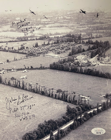 Julian "Bud" Rice Autographed WWII C-47 Pilot B&W 8x10 Photo- JSA #SS17736- Holland Invasion Market Garden Mission D-Day+1 9/18/1944-Powers Sports Memorabilia